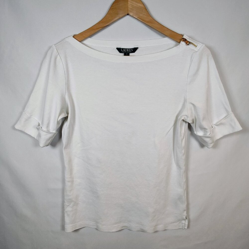 Lauren‎ Ralph Lauren Women''s Medium White Cuff Sleeve Top with Zipper Shoulder